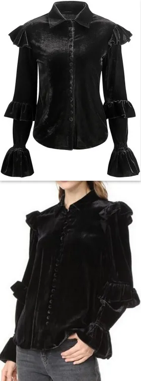 Black Ruffle Velvet Blouse