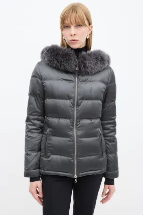 Sport Dark Grey Nylon Fur Hood Down Puffer Jacket